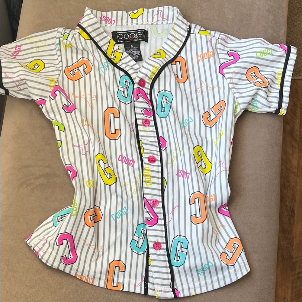COOGI Kids White Striped Button Down Shirt Kangaroo Multicolor Letters Size 5